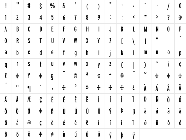 Interstate Regular Comp  glyph index