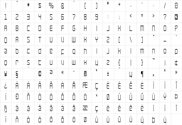 RaveParty Narrow Regular  glyph index