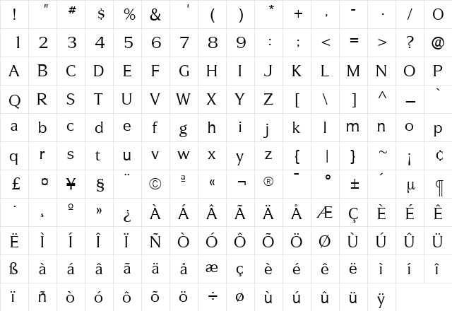 SilveradoLight Roman  glyph index