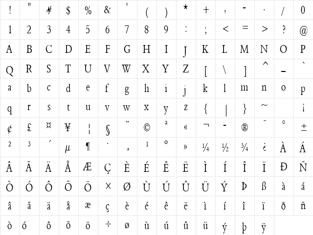 Nadine 2 Thin Normal  glyph index