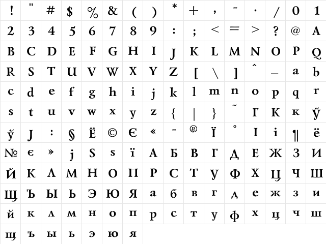 Lazurski Bold  glyph index