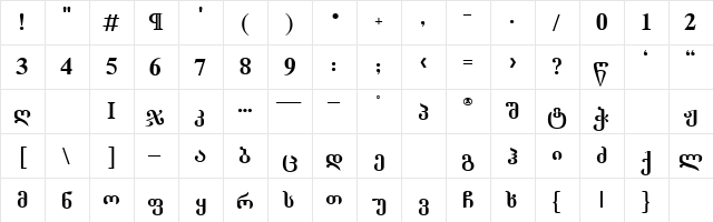 TbilisiText Regular  glyph index