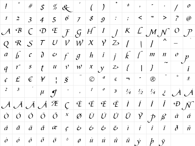 CalligraphScript-Swash Regular  glyph index