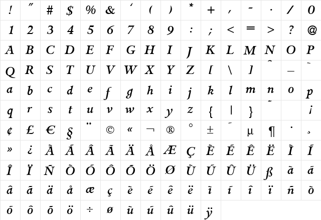 Jessamine Italic  glyph index