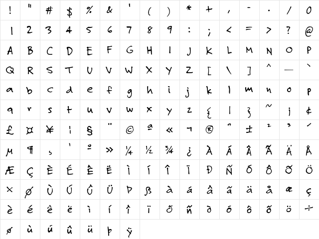 FeltTipRoman Regular  glyph index