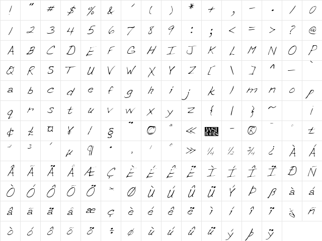 ErinsHand Regular  glyph index