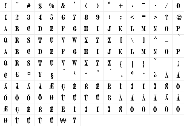 Jennifer Regular  glyph index