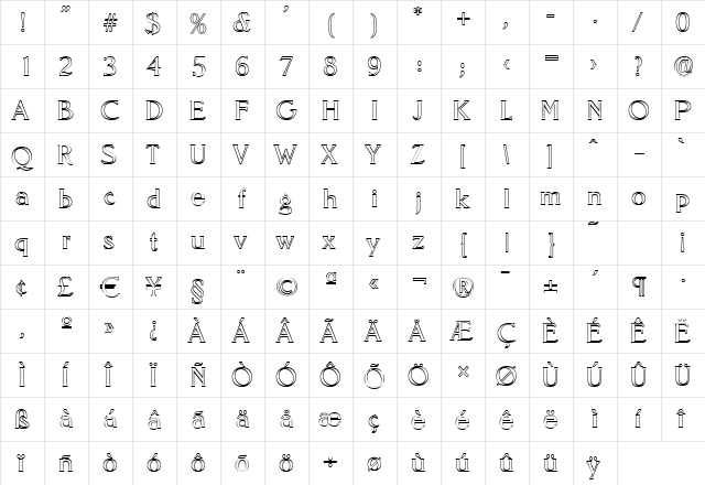 RonaldBeckerOutline-Light Regular  glyph index