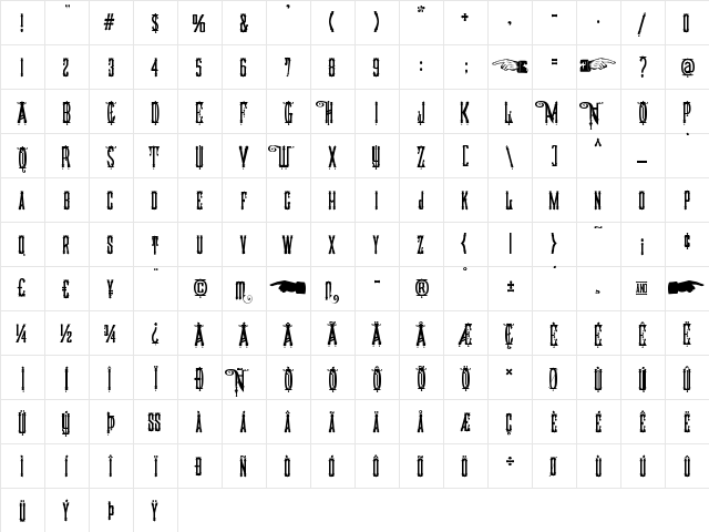 American West Regular  glyph index