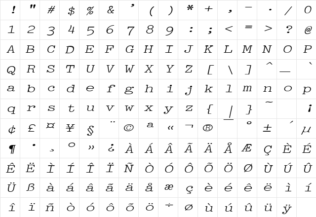 PicaExtended Italic  glyph index