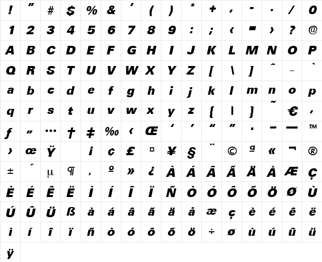 Ultimate-BoldIta Regular  glyph index