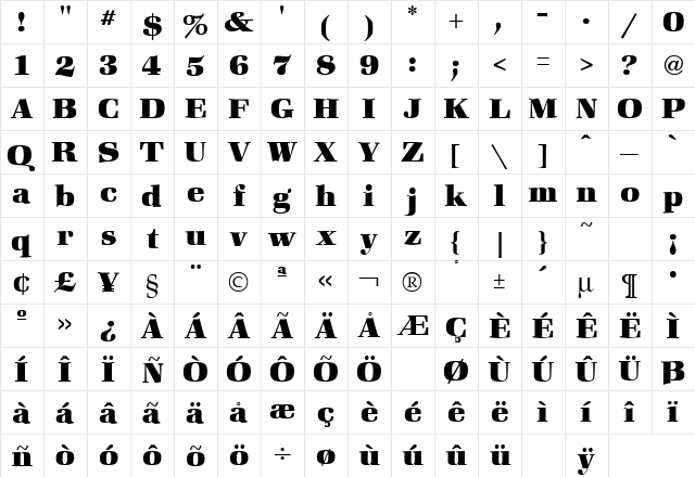 Zapf Heavy Regular  glyph index