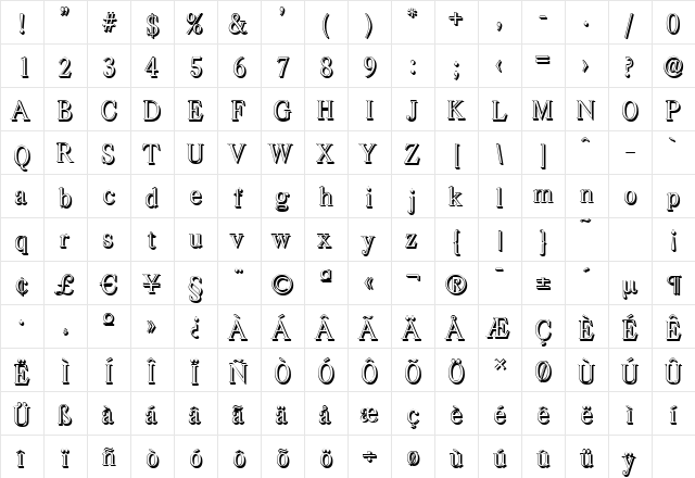 CasadShadow-Light Regular  glyph index