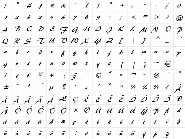 Brushstroke35 Italic  glyph index