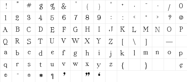 Classica-Roman Regular  glyph index