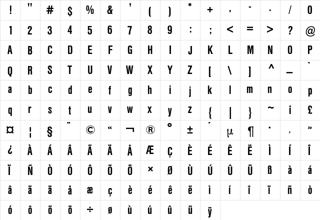 Helvetica Condensed BQ Regular  glyph index