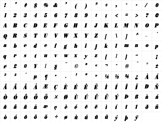Beau Condensed BoldItalic  glyph index