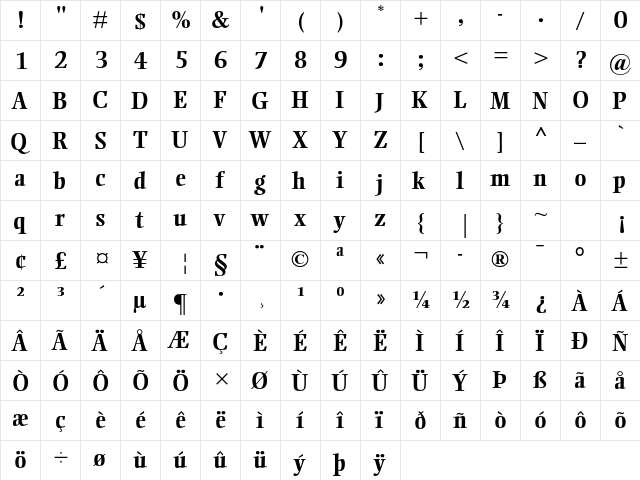 Ellington MT Std Bold  glyph index