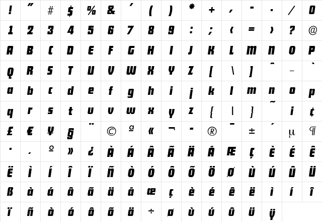 AllisonBecker Bold Italic  glyph index