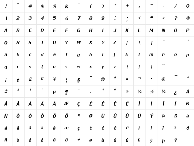 LilyUPC Italic  glyph index