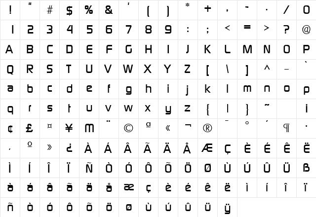 Prisoner SF Regular  glyph index