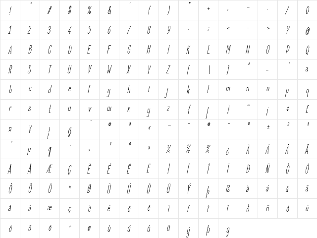 Elegant Sans Italic  glyph index