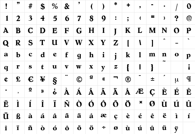 HobokenSerial Bold  glyph index