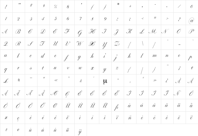 Baronesse Regular  glyph index