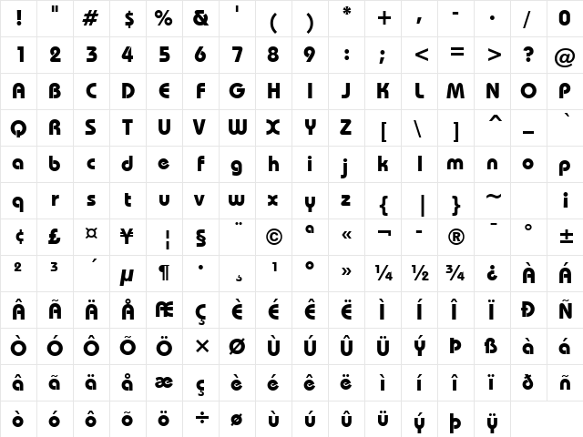 Bauhaus Md BT Bold  glyph index