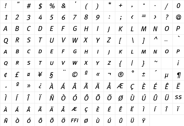 MetaPlusBook-CapsItalic Regular  glyph index