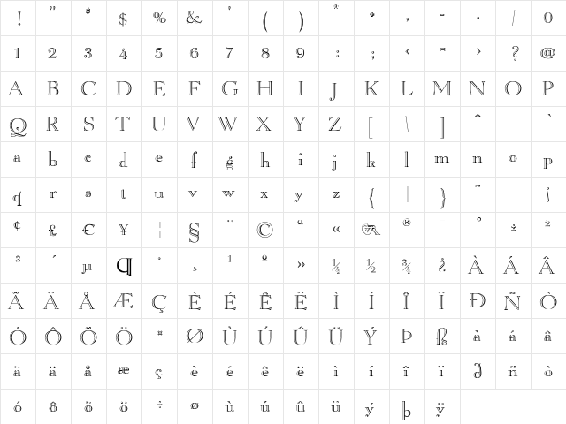 Lucianard-Open Regular  glyph index