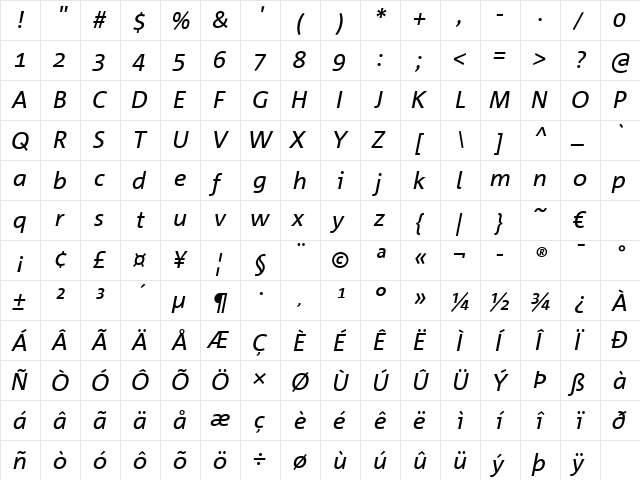 CorpidOffice Italic  glyph index