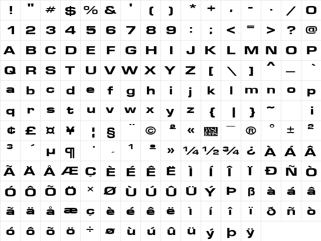 EuroseWideHeavy Regular  glyph index