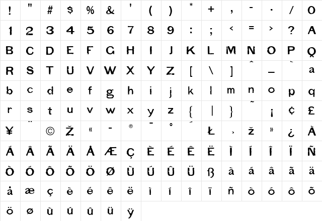 WarehouseGothic Regular  glyph index
