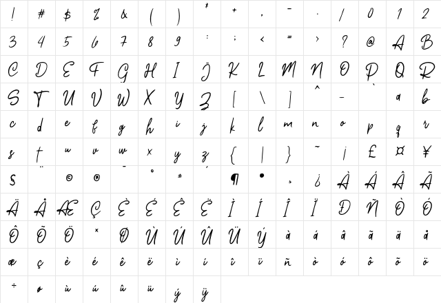 Calliope Modern Regular  glyph index