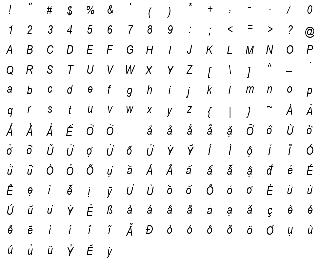 VPS Pleiku Italic  glyph index