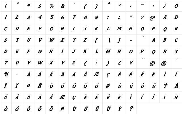 Leviathan Italic Regular  glyph index