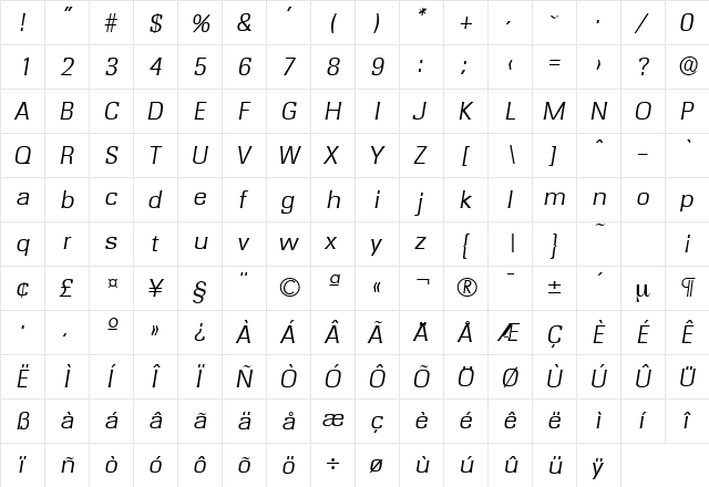 Rochester-Serial-Light RegularItalic  glyph index