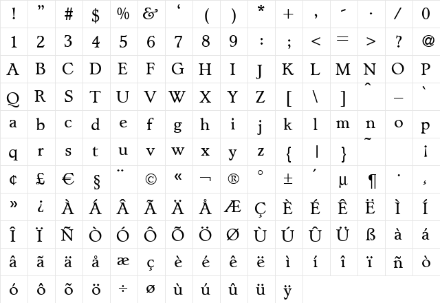 L890-Roman Bold  glyph index
