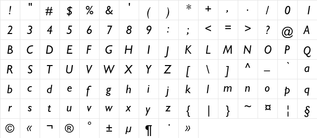 AZGillSansC Italic  glyph index