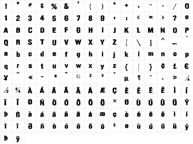 Gunplay Ink Regular  glyph index