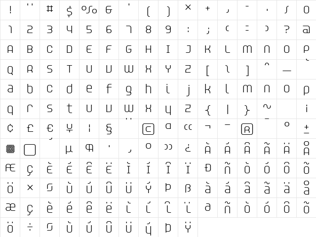 Unisect Regular  glyph index