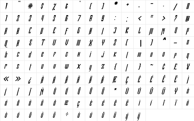 Samhock Italic Regular  glyph index