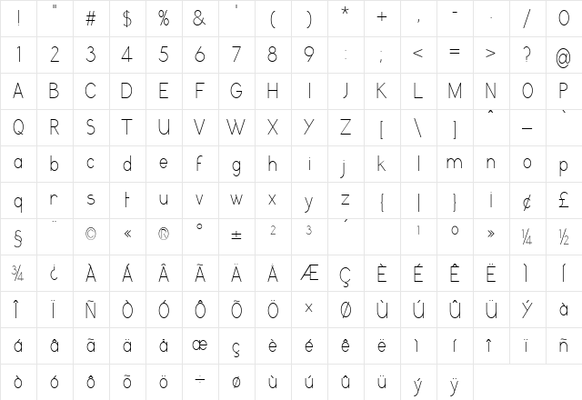 GrutchGrotesk Condensed Light  glyph index