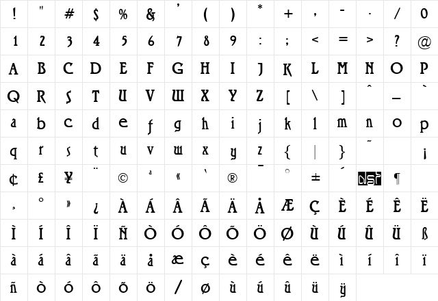Roskell Regular  glyph index