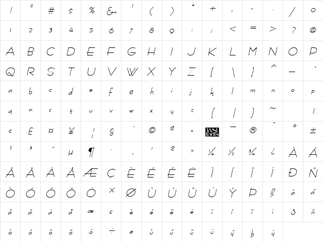 FastracFashion Italic  glyph index