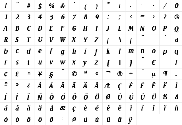 Seagull-BoldIta Regular  glyph index