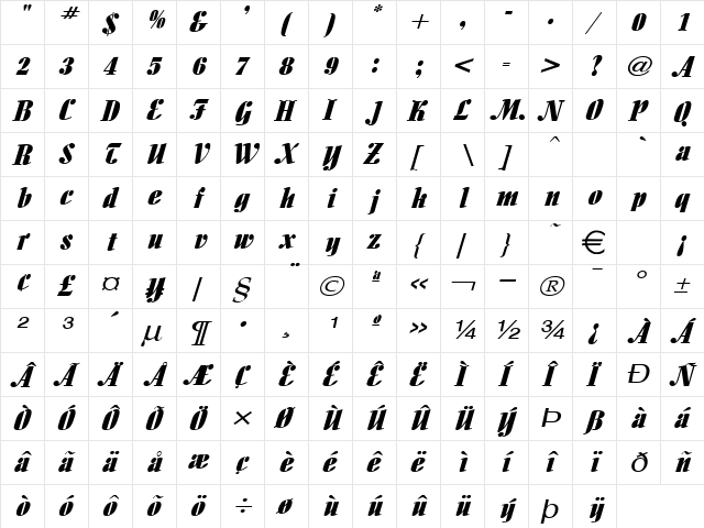 AloeExtended Italic  glyph index