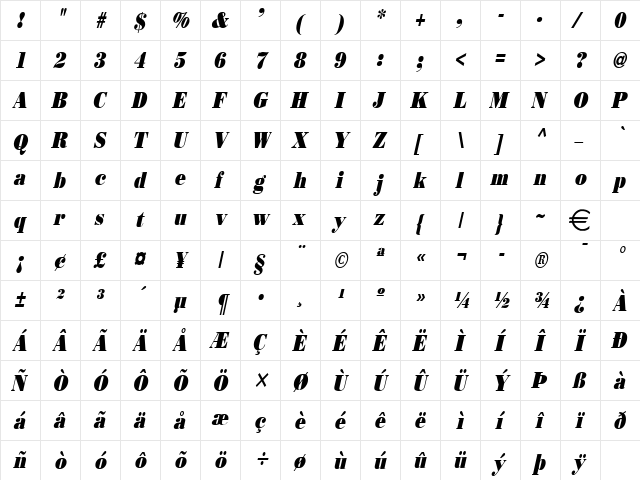 BeauCondensed Italic  glyph index