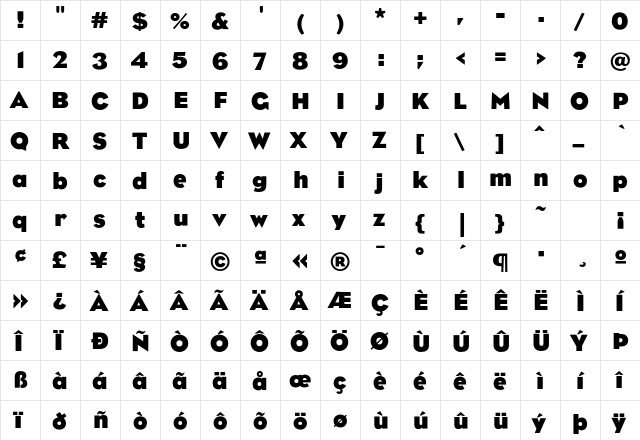 Bureau Eagle FB Bold Regular  glyph index